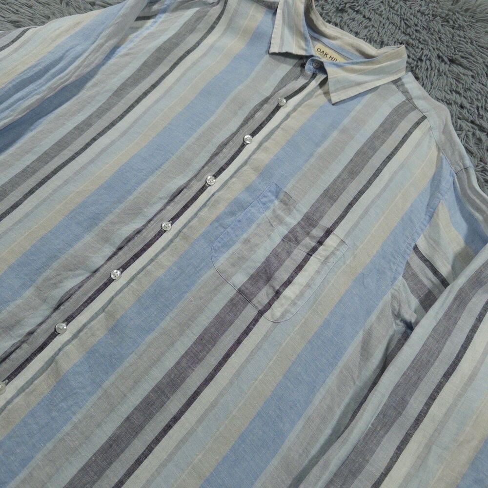 Oak Hill Shirt 2XLT Blue Button Up Heritage Collection Linen Striped Pocket Mens